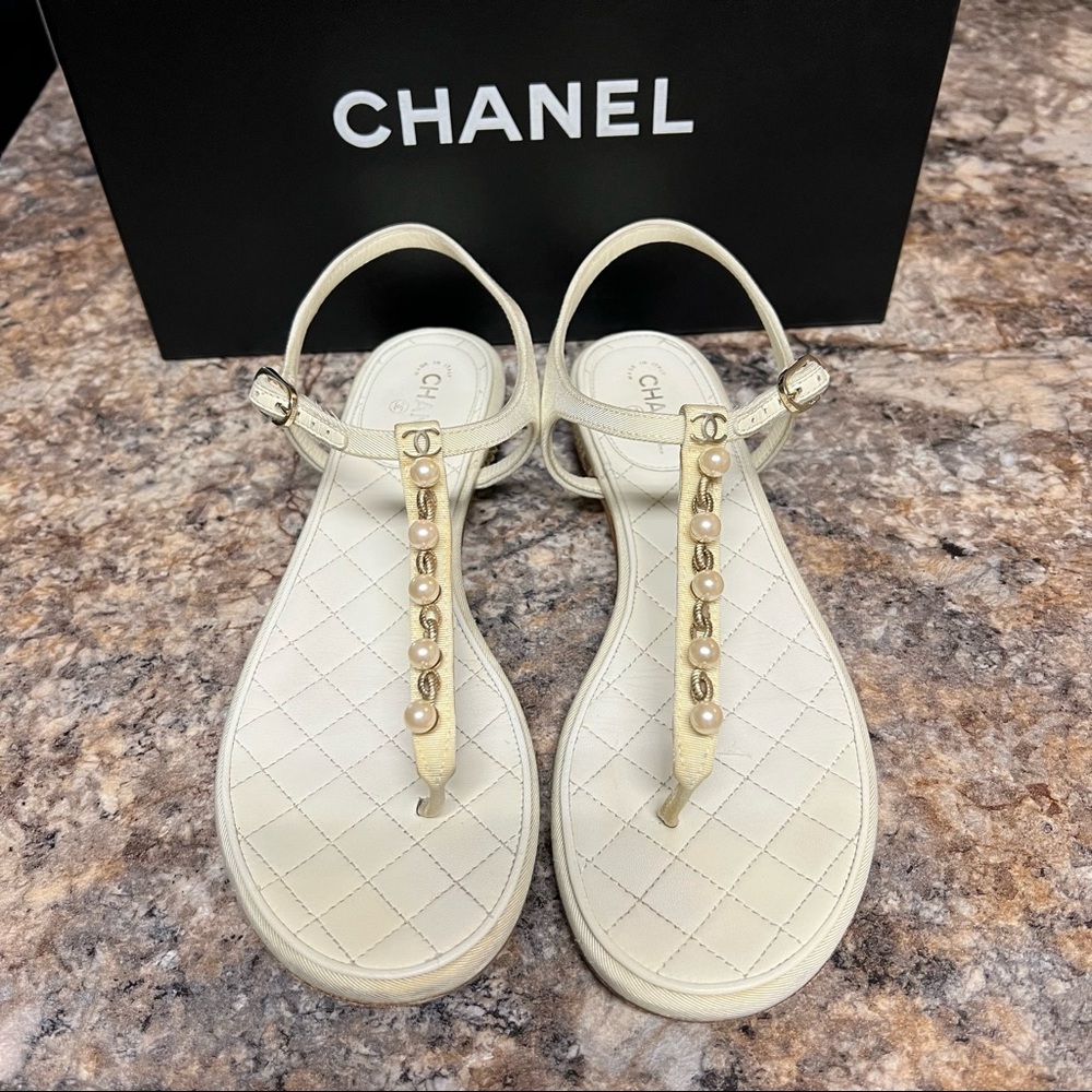 Authentic Chanel Off-White Sandals with Pearls